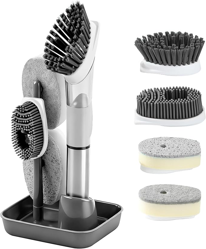 Soap Dispensing Scrub Brush - 4-in-1 Kitchen Cleaning Brush with Built-in Tank, Scraper Heads for Stubborn Grime on Pots Pans, Stand/Hang Storage-Grey