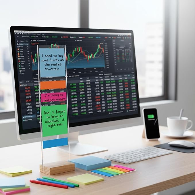 Monitor Memo Board with Removable Wooden Base Acrylic Portable Sticky Note Holder for Computer Monitors Office Desk Accessories, No Screen Damage, Fits Any Laptop and Desktop(1 Pcs)