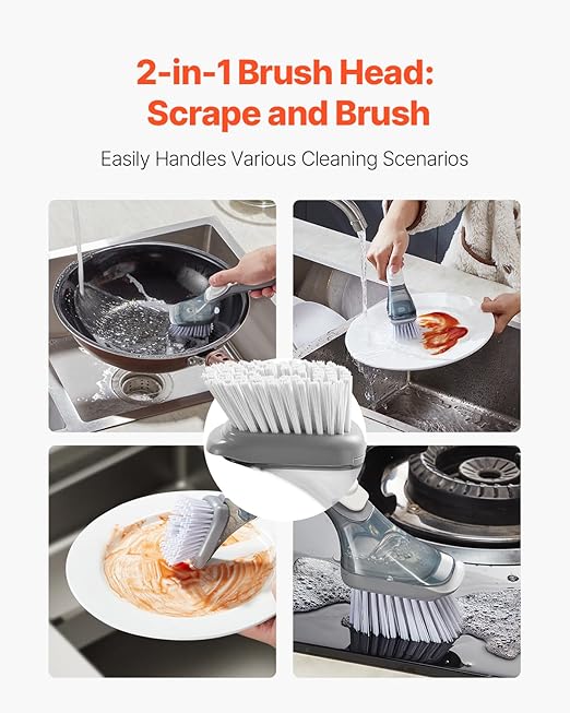 VEVOR Soap Dispensing Dish Brush, Kitchen Scrub Brushes with 3 Brush Heads, Dish Cleaning Brushes with PP Handle and Curved Bristles, Ideal for Pots, Pans, Sink and Stove