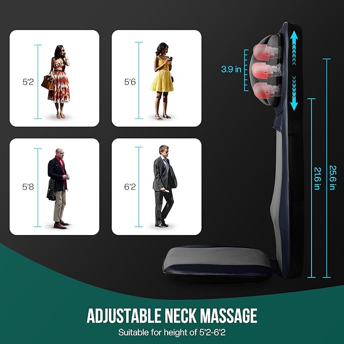 Snailax Shiatsu Neck Back Massager with Heat, Full Body Massage Chair Pad with Adjustable Height, Deep Kneading & Rolling Massage Seat Cushion for Back Pain, APP Control Seat Chair Massager, Gifts