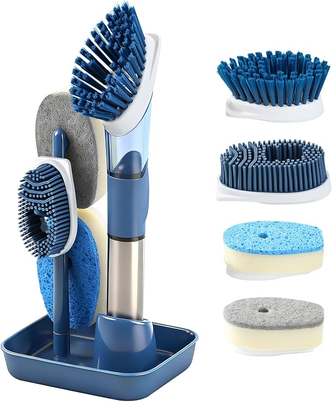 Soap Dispensing Scrub Brush - 4-in-1 Kitchen Cleaning Brush with Built-in Tank, Scraper Heads for Stubborn Grime on Pots Pans, Stand/Hang Storage-Blue