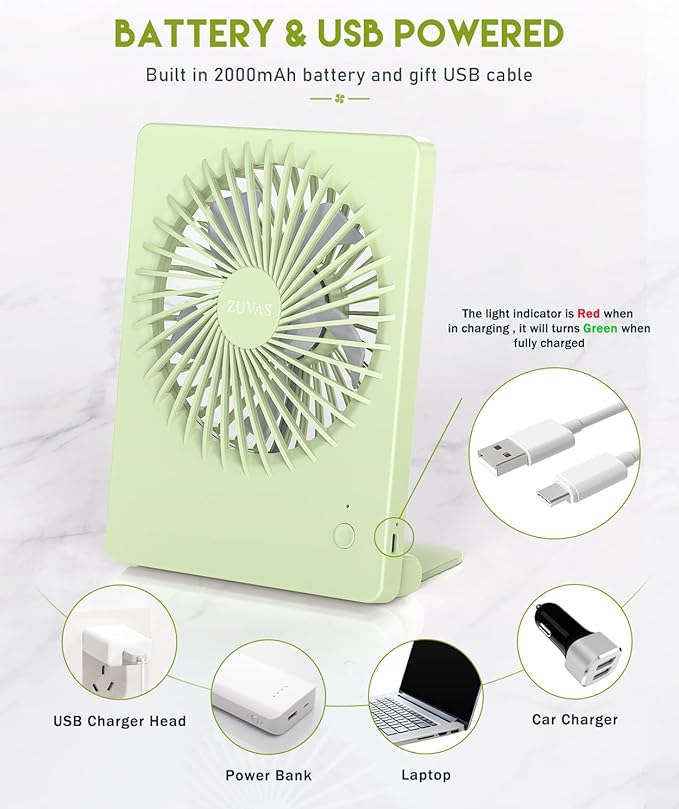 Zuvas Desk Fan Battery Operated Fan Rechargeable 180°Tilt Folding Personal Fan Ultra Quiet Small Portable 3 Speed Adjustable Strong Wind Fan For Office Bedroom Home Desktop Camping (Light Green)