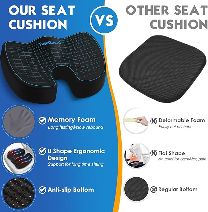 TushGuard Seat Cushion for Office Chair Memory Foam Non-Slip Cushion Back, Coccyx, Sciatica, Tailbone Pain Relief Butt Pillow for Office Chair, Car, Wheelchair, Black, X-Large