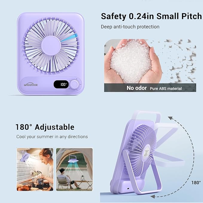 WHATOOK Small Desk Fan Personal Fans: 5000mah 25 Hours Battery Office Quiet Mini Desktop Fan Portable Rechargeable Travel Essentials (Purple, 5000 mAh)