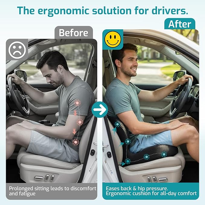 Trucker Seat Cushion, Car Seat Cushions with Lumbar Support Pillow, Ergonomic L-Shaped Orthopedic Memory Foam Pad for Long Driving Back Pain Sciatica Relief, Drivers Office Workers (Black+LGrey)