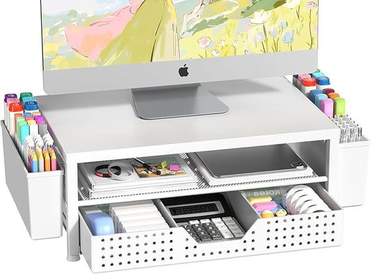 Wood Monitor Stand Riser, Laptop Stand for Desk, Office Desk Organizer and Accessories, Computer Desktop Shelf with Drawer and Pen Holder, Printer Stand for Home, Office, Dorm (White Wood)