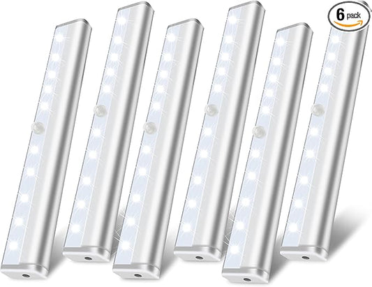 Under Cabinet Lights, 10LED Battery Motion Sensor Light Indoor Magnetic Stick-Anywhere Closet Lights for Stair Kitchen Wardrobe Hallway(6 Pack)