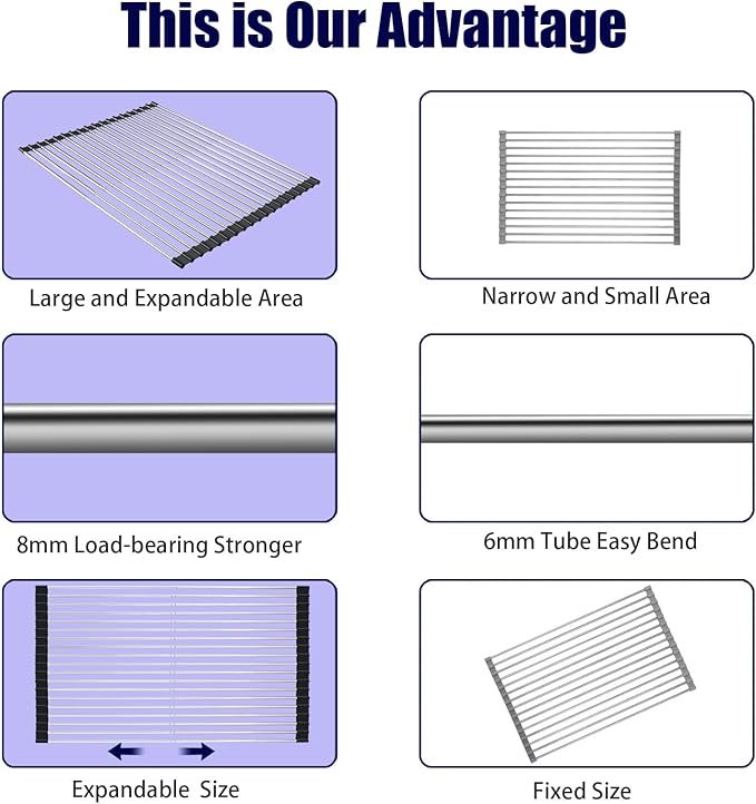 Roll Up Dish Drying Rack, Expandable Over The Sink Dish Drainer,Stainless Steel Kitchen Rolling Sink Rack Space Saving Dish Mat, Length Up to 22.3" (Black, Large Expandable)