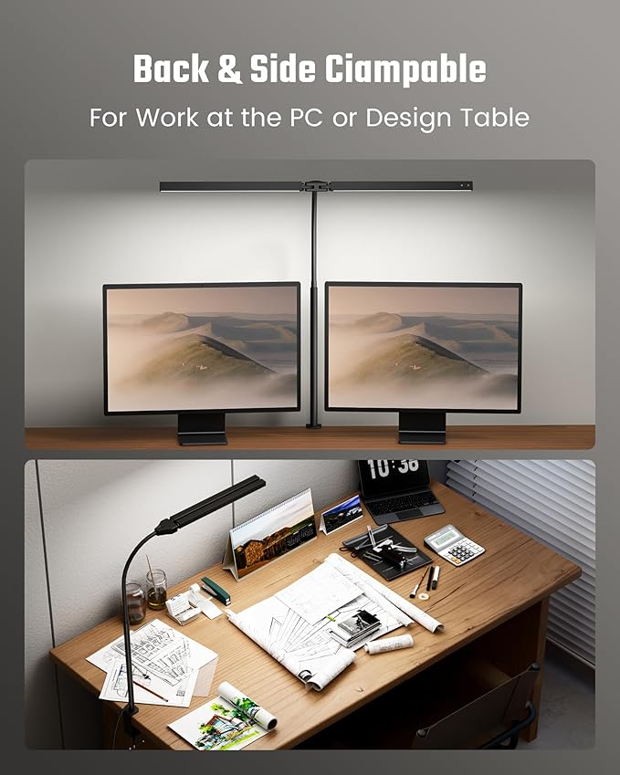 Eye-Caring Desk Lamp with Clamp, LED Desk Light Bar for Dual Monitors, Adjustable Gooseneck Table Lamp with 3 Color Modes, Smooth Dimming Office Desk Lamp for Home Office, Study, Computer Work