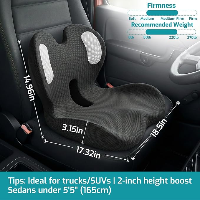 Trucker Seat Cushion, Car Seat Cushions with Lumbar Support Pillow, Ergonomic L-Shaped Orthopedic Memory Foam Pad for Long Driving Back Pain Sciatica Relief, Drivers Office Workers (Black+WE)