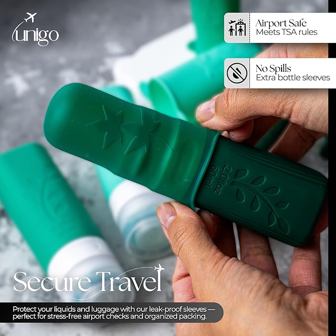 unigo Silicone Travel Bottles Set for Toiletries, Airplane Approved TSA Carry On Size, BPA Free Leakproof Refillable Squeeze Containers with Labels, Cleaning Brush and Covers (Green)