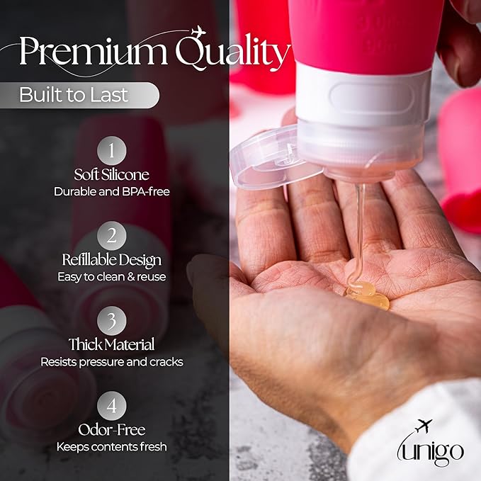 unigo Silicone Travel Bottles Set for Toiletries, Airplane Approved TSA Carry On Size, BPA Free Leakproof Refillable Squeeze Containers with Labels, Cleaning Brush and Covers (Pink)