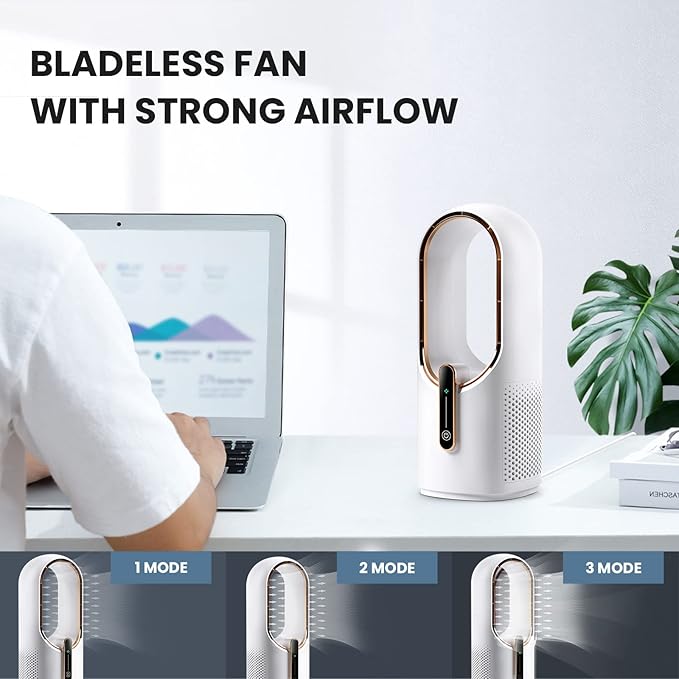 Desk Fan Bladeless, 11.8 Inch Office Fan Small, Quiet, 3 Speed Adjustment, Touch Control, Easy to Clean, Desk Fans Small Quiet, Ideal for Office, Living Room, Bedroom