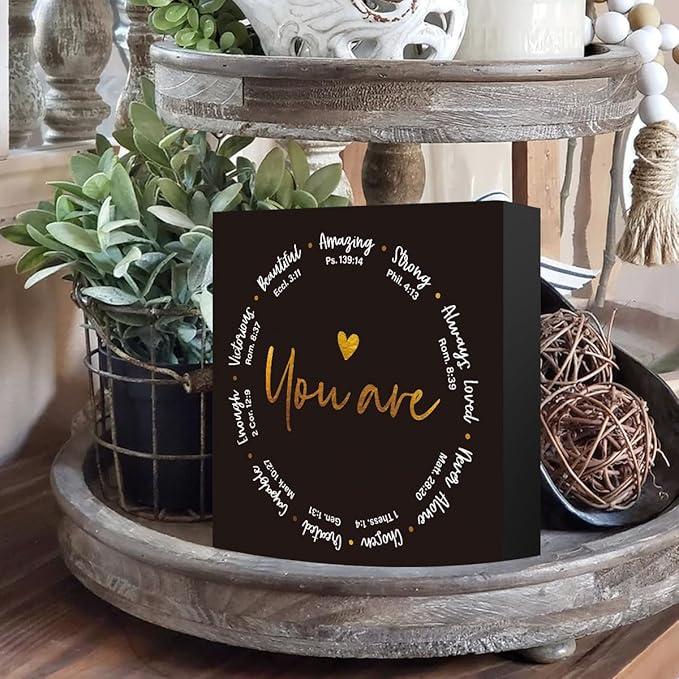 You Are Amzaing Brave Strong Quote Sign, Christian Desk Decor Wood Box Sign, The Bible Verse Quote Desk Sign Cheer Up Gifts for Home Office Table Decor, Religious Gifts for Women 5x5 Inches