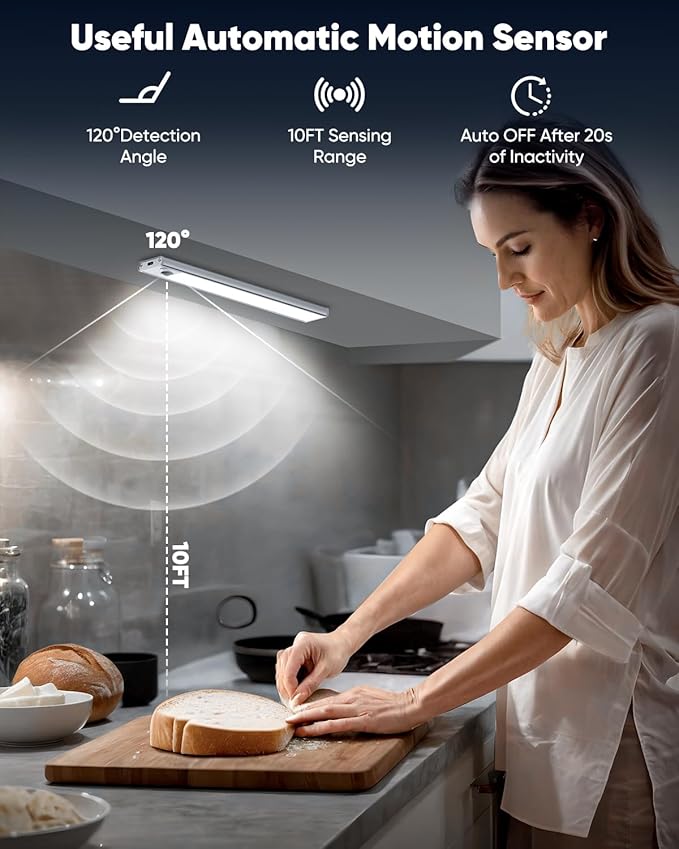 Under Cabinet Lights, LED Rechargeable Battery Operated Motion Sensor Lights Indoor, 6500K Magnetic Dimmable Closet Lights, 1500mAh Wireless Under Counter Night Lights for Kitchen, Home, 5 Packs