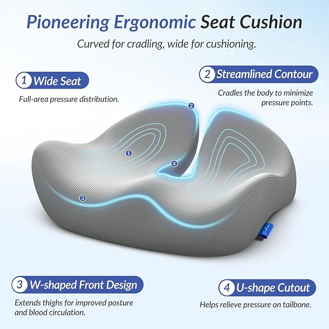 ZIKEE Pioneering Seat Cushion for Pressure Relief, Ergonomic Office Chair Cushion for Sciatica, Back, Hemorrhoids & Tailbone Pain Relief, High-Density Memory Foam Car Seat Cushion with Anti-Slip Base