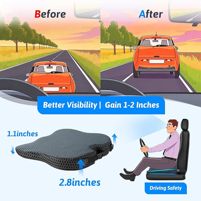 Wedge Car Seat Cushion for Better Visibility & Sciatica Pain Relief - High Density Memory Foam, Non-Slip Ergonomic Car Seat Cushion for Driving, Universal Fit for Car, SUV,Truck & Tractor