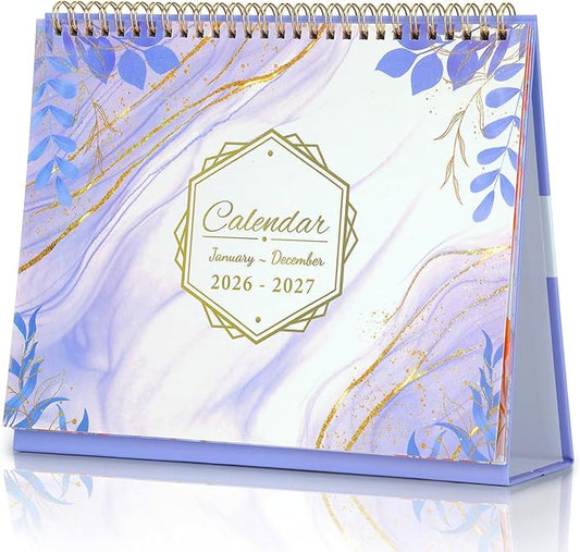 ZEEYUAN Desk Calendar 2026-2027 Small Monthly Desktop Standing Up Flip Calendar From Jan. 2026 to Dec.2027, 24-month Cute Office Desk Calendars with Planner for School Home Table, 10x8.3inch/ Purple