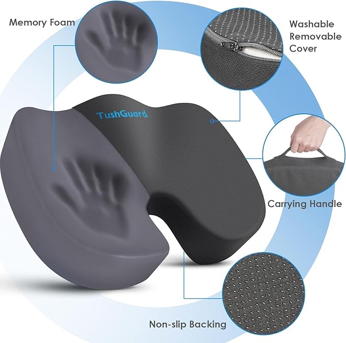 TushGuard Seat Cushion for Office Chair Memory Foam Non-Slip Desk Seat Cushion Back, Coccyx, Sciatica, Tailbone Pain Relief Butt Pillow for Office Chair, Car, Wheelchair, Grey