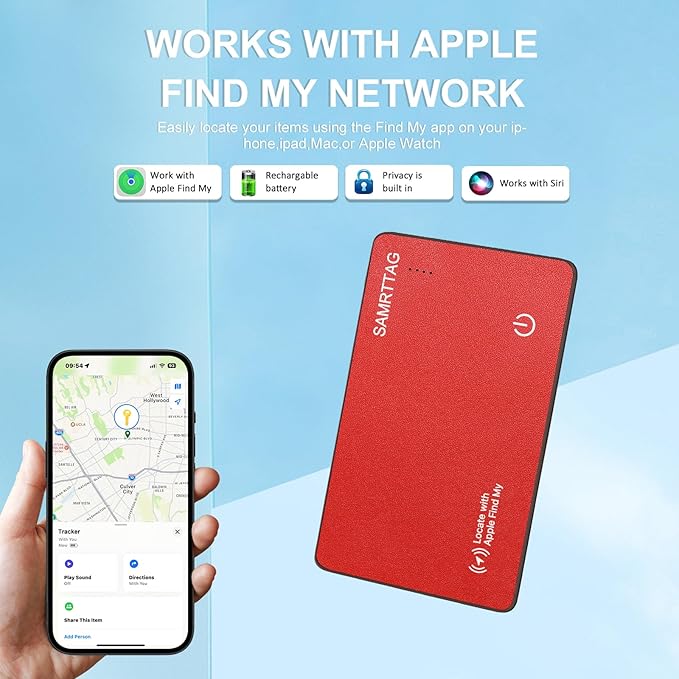 SMART LB Wallet Tracker Card Like Apple Air Tag Work with Apple Findmy(iOS only), Thin Wallet Finder with Wireless Charger(Not Include Charger), air Tags Card Tracker (Red, Card)