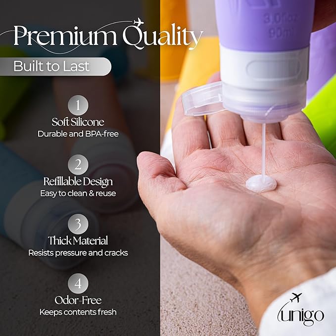 unigo Silicone Travel Bottles Set for Toiletries, Airplane Approved TSA Carry On Size, BPA Free Leakproof Refillable Squeeze Containers with Labels, Cleaning Brush and Covers (Multicolor A)