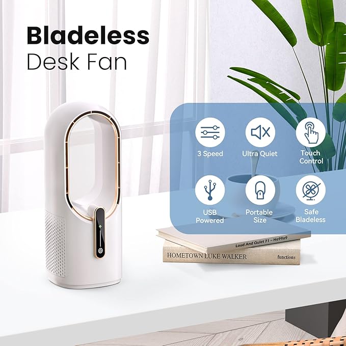 Desk Fan Bladeless, 11.8 Inch Office Fan Small, Quiet, 3 Speed Adjustment, Touch Control, Easy to Clean, Desk Fans Small Quiet, Ideal for Office, Living Room, Bedroom