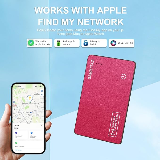 SMART LB Wallet Tracker Card Like Apple Air Tag Work with Apple Findmy(iOS only), Thin Wallet Finder, Wireless Charger(Not Include Charger), air Tags Card Tracker (Rose Red, Card)