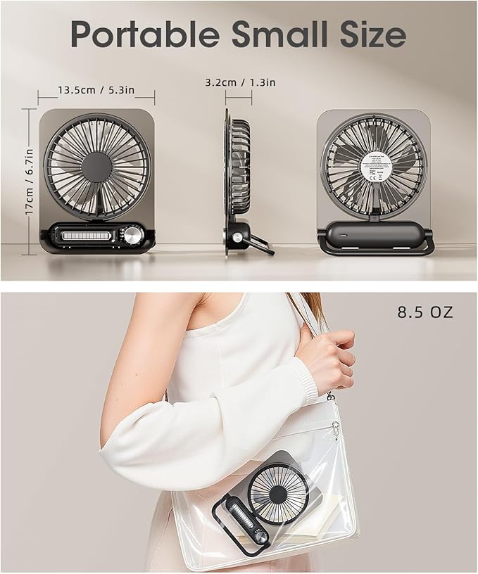 Small Desk Fan Battery Powred, Quiet USB Fans Transparency Style, Personal Travel Essential, Portable Mini Rechargeable Fan for Desktop,Home,Office,Dorm, Clear+Gray