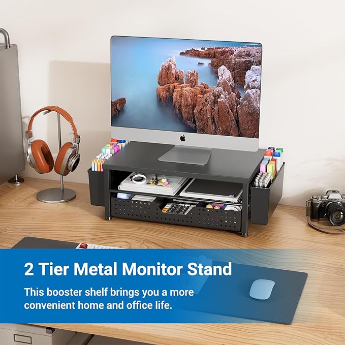 Wood Monitor Stand Riser, Laptop Stand for Desk, Office Desk Organizer and Accessories, Computer Desktop Shelf with Drawer and Pen Holder, Printer Stand for Home, Office, Dorm (Black Wood)