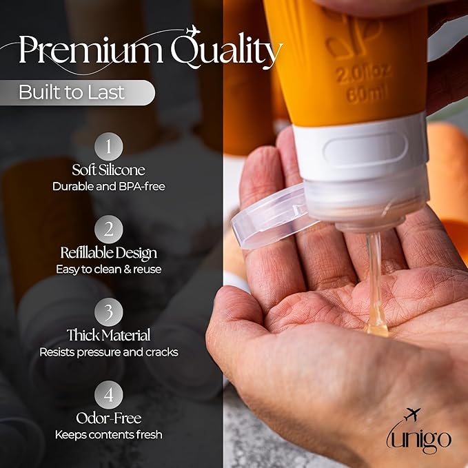 unigo Silicone Travel Bottles Set for Toiletries, Airplane Approved TSA Carry On Size, BPA Free Leakproof Refillable Squeeze Containers with Labels, Cleaning Brush and Covers (Apricot)