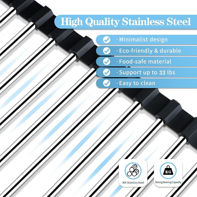 Seropy Roll Up Dish Drying Rack Over The Sink for Kitchen Sink Drying Rack Folding Dish Drainer Mat Rolling Dish Rack Sink Rack Stainless Steel Kitchen Dry Rack Black 17.5x15.7 Inch