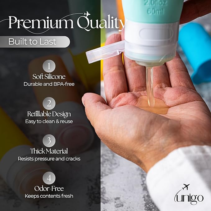 unigo Silicone Travel Bottles Set for Toiletries, Airplane Approved TSA Carry On Size, BPA Free Leakproof Refillable Squeeze Containers with Labels, Cleaning Brush and Covers (Multicolor A)