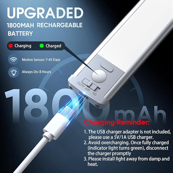 10inch Under Cabinet Lighting, 2 Pack Rechargeable Motion Sensor Light Indoor, 5 Levels Dimmable Magnetic Closet Lights, Wireless Under Counter Lights for Kitchen, Stairs