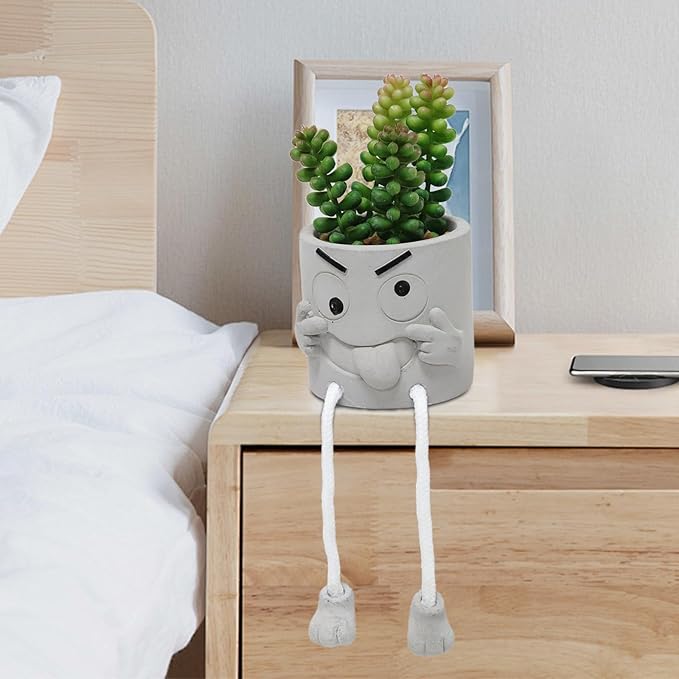 Set of 2 Funny Cement Fake Succulents with Hanging Legs, Small Artificial Desk Plant for Office Decor for Women, Mini Faux Succulents Potted, Gamer Room Decor for Boys, Cute Room Decor for Cubicle