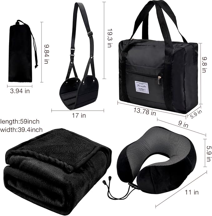 Travel Pillow and Blanket Set & Foot Rest, Memory Foam Neck Pillow Airplane Blanket & Airplane Foot Hammock & Foldable Duffel Bag, Eye Mask & Earplugs, Portable Travel Accessories Essentials, Black