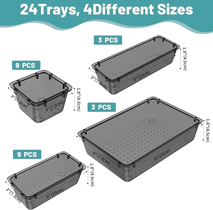 WOWBOX 24 PCS Clear Plastic Drawer Organizer Set, 4 Sizes Desk Drawer Organization and Storage Containers for Makeup, Cosmetics, Jewelry and Gadgets in Kitchen, Bathroom, Bedroom, Office, Clear Black