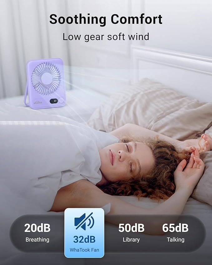 WHATOOK Small Desk Fan Personal Fans: 5000mah 25 Hours Battery Office Quiet Mini Desktop Fan Portable Rechargeable Travel Essentials (Purple, 5000 mAh)
