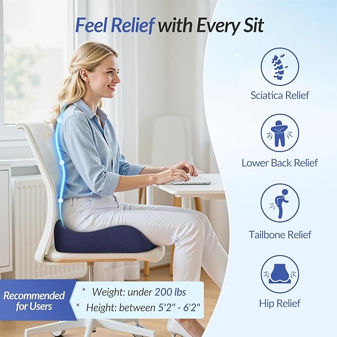ZIKEE Pioneering Seat Cushion for Pressure Relief, Ergonomic Office Chair Cushion for Sciatica, Back, Hemorrhoids & Tailbone Pain Relief, High-Density Memory Foam Car Seat Cushion with Anti-Slip Base