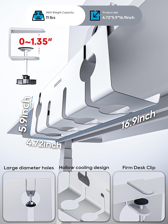 NODOCA No Drill Under Desk Cable Management Tray, 17'' Wire Management, Punch-Free Clamp on, Metal Cable Tray, Wire Organizer Under Desk, Under Dessk Basket for Office and Home, White
