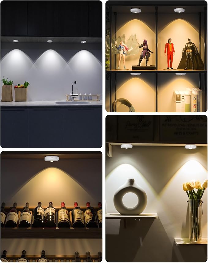 WILLED Rechargeable Puck Lights with Remote Control, 3 Color Temperatures and Timing Function, Dimmable Tap Light, Stick on Under Cabinet Lights, LED Puck Lights for Kitchen, Closet and Shelf(6 Pack)
