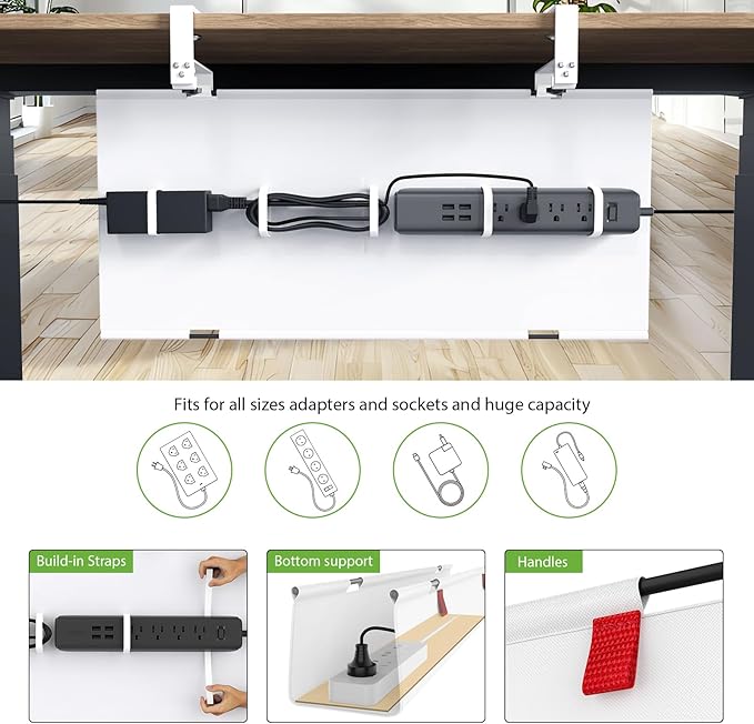 KEEGH Large 36" Under Desk Cable Management Tray - Under Desk Cord Organizer - Clamp/Screw Mount - Support Upto 70lbs - Wire Management - Gaming/PC Cable Tray - Cord Hiders for Office/Home, White