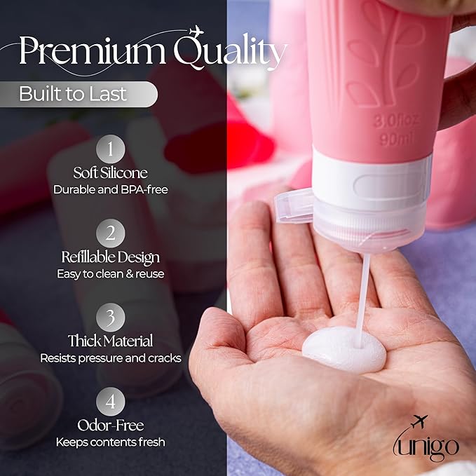unigo Silicone Travel Bottles Set for Toiletries, Airplane Approved TSA Carry On Size, BPA Free Leakproof Refillable Squeeze Containers with Labels, Cleaning Brush and Covers (Pink)