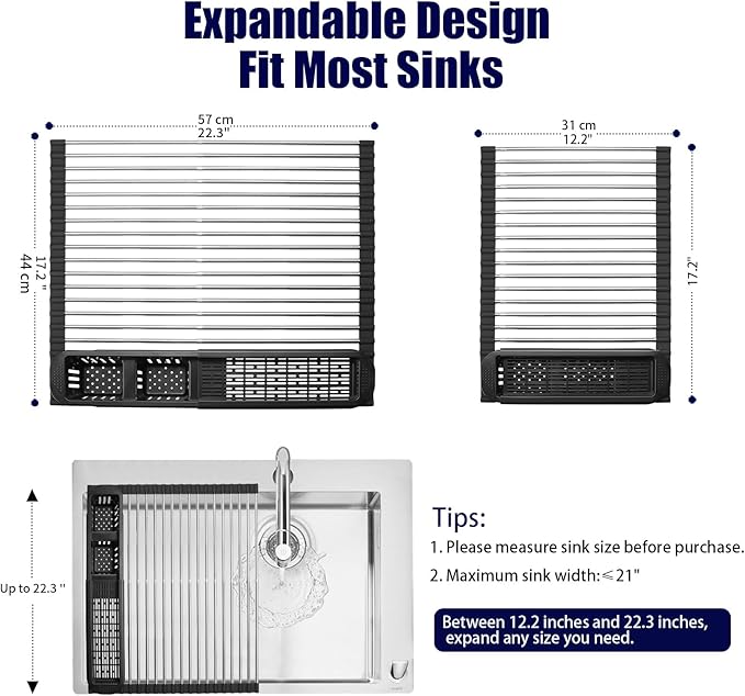 Roll Up Dish Drying Rack,Expandable Over The Sink Dish Drainer,Stainless Steel Kitchen Rolling Sink Rack with Utensil Holder,Length Up to 22.3" (Black, Large)