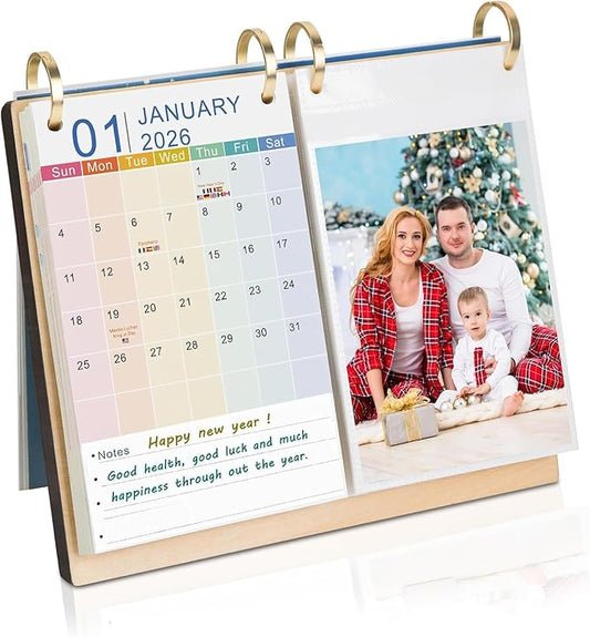 ZEEYUAN 4x6 Desktop Flip Photo Album and 2026 Desk Calendar, Small Desk Calendar Jan 2026-Jun 2027 with Notepads, 4x6 Flip Photo Album on Standing 40 Pockets