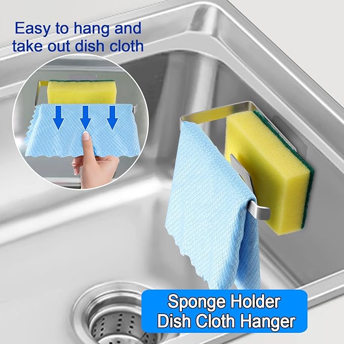 GAViA Kitchen Sink Sponge Holder - Sponge and Dish Cloth Hanger, Adhesive Rustproof Kitchen Sink Rack, 304 Stainless Steel, No Drilling