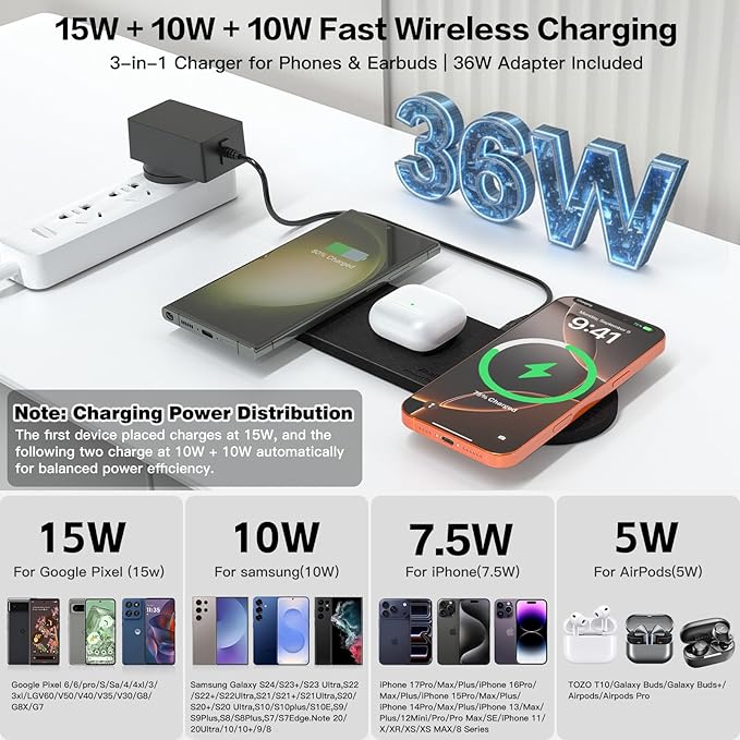 ZealSound Wireless Charging Pad,Triple Wireless Charger Pad Multiple Devices Compatible with iPhone Phone New AirPods Galaxy Buds Ultra-Slim PU Leather Wireless Charging Mat for Smartphone Phone Black