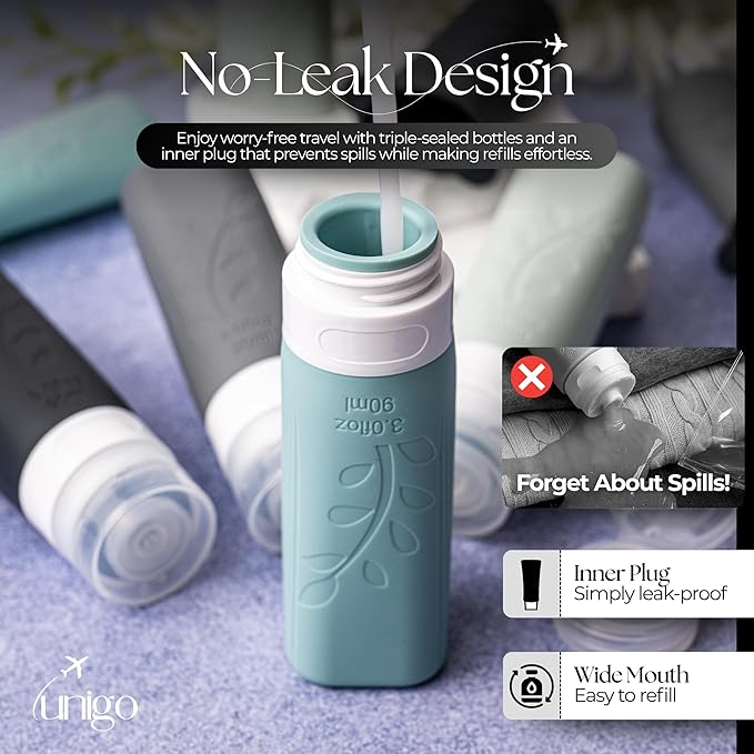 unigo Silicone Travel Bottles Set for Toiletries, Airplane Approved TSA Carry On Size, BPA Free Leakproof Refillable Squeeze Containers with Labels, Cleaning Brush and Covers (Gray)