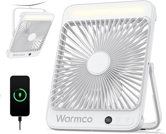 Warmco 20000mAh Battery Powered Fan, Ultra-Slim 8-Inch Portable Camping Fan with LED Lantern, Up to 48H Runtime Rechargeable Desk Fan for Bedroom, Outdoor, Tent, Travel, Cruise Ship Essentials