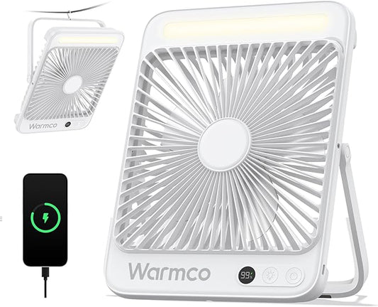 Warmco 20000mAh Battery Powered Fan, Ultra-Slim 8-Inch Portable Camping Fan with LED Lantern, Up to 48H Runtime Rechargeable Desk Fan for Bedroom, Outdoor, Tent, Travel, Cruise Ship Essentials