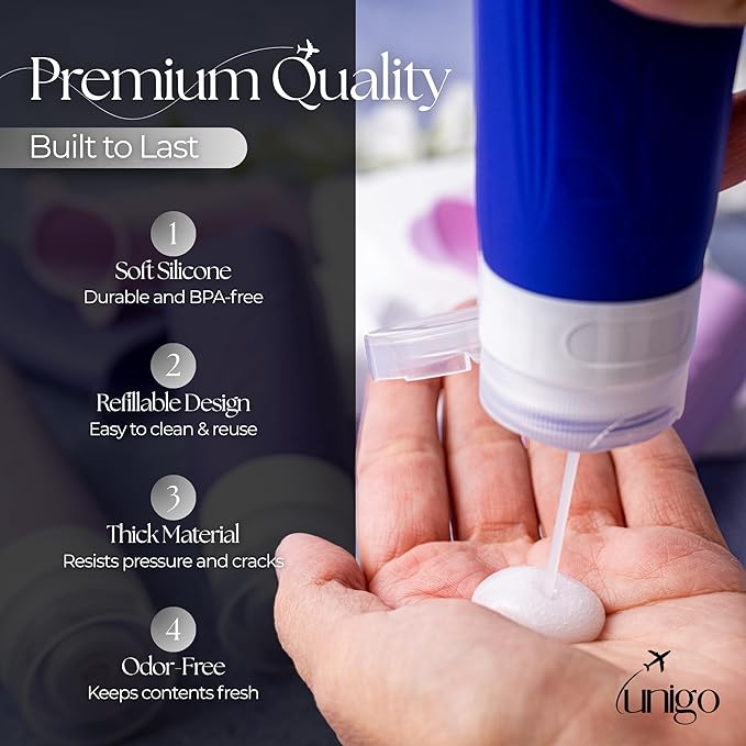 unigo Silicone Travel Bottles Set for Toiletries, Airplane Approved TSA Carry On Size, BPA Free Leakproof Refillable Squeeze Containers with Labels, Cleaning Brush and Covers (Purple)